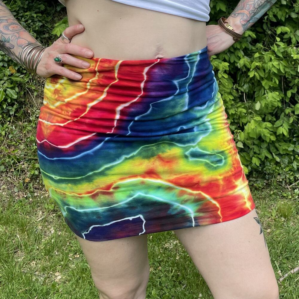 Women's Mini Bodycon Skirt - Ice Dyed Geode - Tie Dye Rainbow Handmade (Medium)